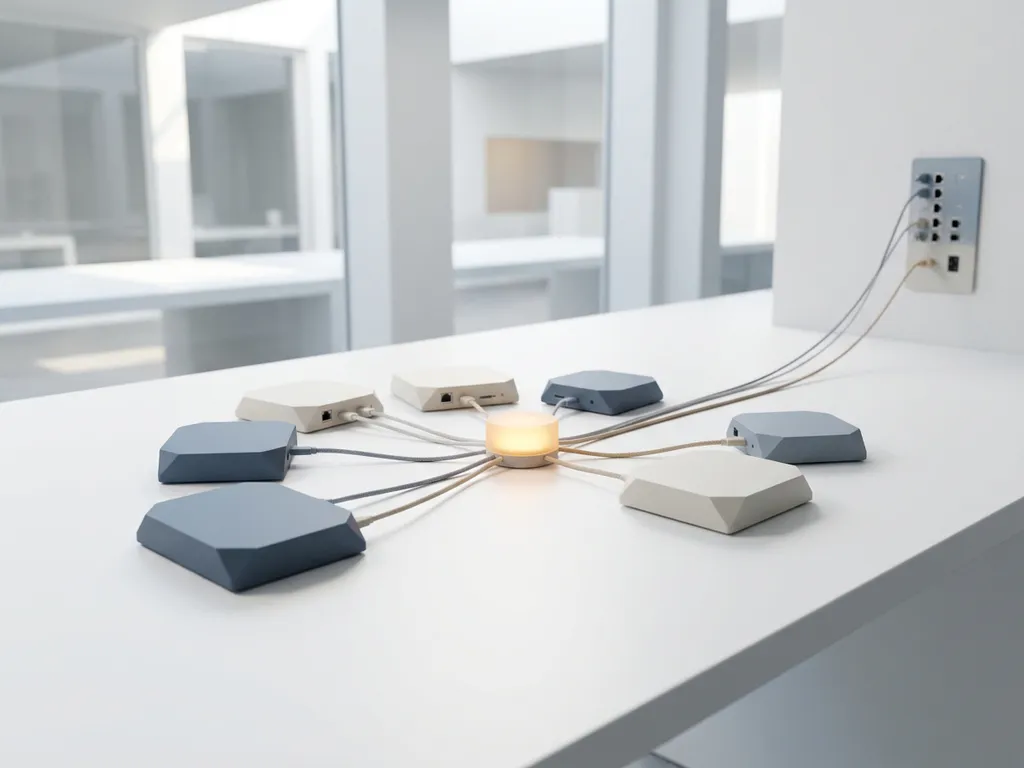 Cluster van edge computing nodes op minimalistisch wit bureau in modern Nederlands kantoor, verbonden als een stille constellatie in leisteenblauw en gebroken wit.