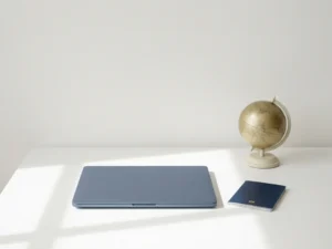 EU-paspoort en laptop op wit bureau met kleine wereldbol, symbool voor internationale online dienstverlening.