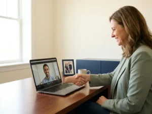 Ondernemer schudt hand met externe ontwikkelaar via laptop in minimalistisch Nederlands kantoor met warm natuurlijk licht.