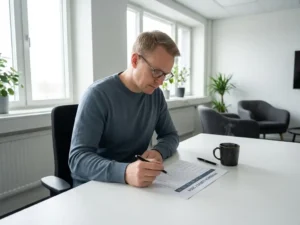 Nederlandse professional beoordeelt feedbackformulier aan wit bureau met koffie en pen, modern kantoor met grote ramen.
