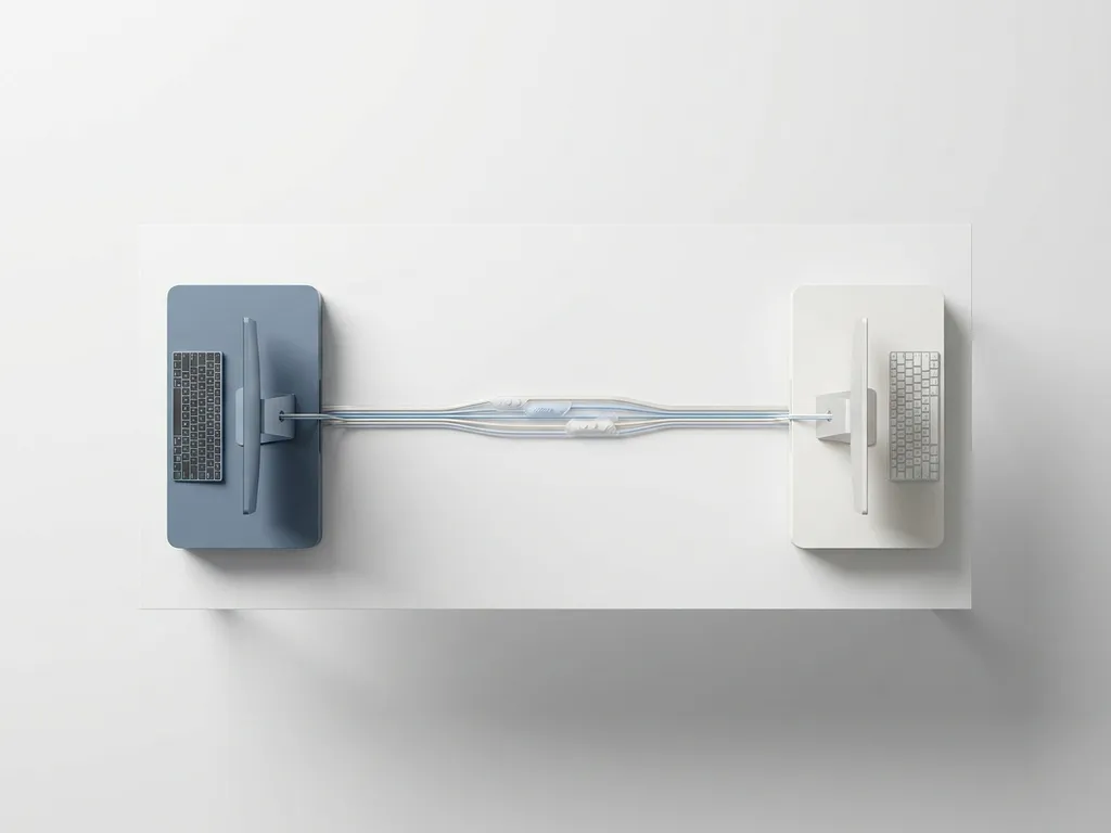 Fiber-optic cable bundle linking two minimalist workstations on a white desk, shot from above with soft studio lighting and cool slate blue accents.