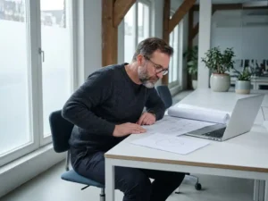 Fractional CTO reviewing architectural diagrams beside an open laptop in a minimalist Amsterdam office with natural side lighting.
