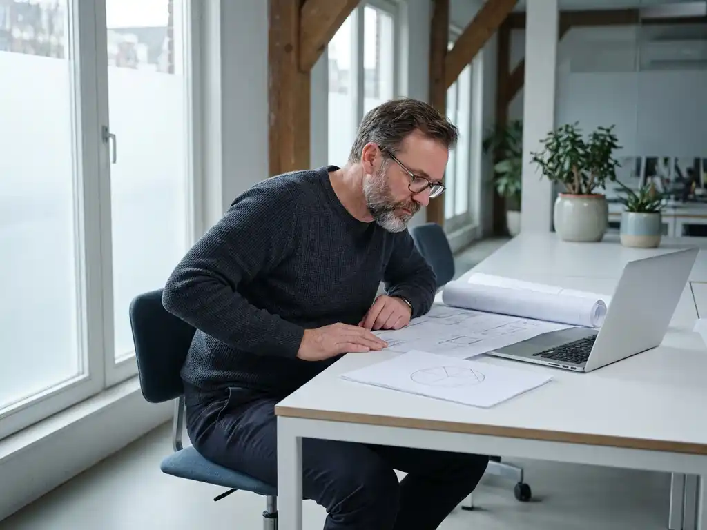 Fractional CTO reviewing architectural diagrams beside an open laptop in a minimalist Amsterdam office with natural side lighting.
