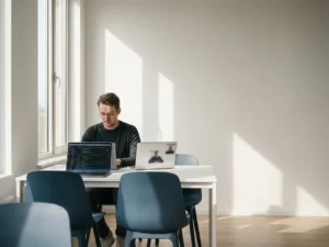 Fractional CTO beoordeelt code op minimalistisch wit bureau in modern Amsterdam kantoor, met tweede laptop en natuurlijk daglicht.