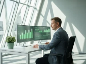 Fractional CTO bekijkt systeemmonitors met groene uptime-indicatoren aan een wit bureau in een rustig kantoor.