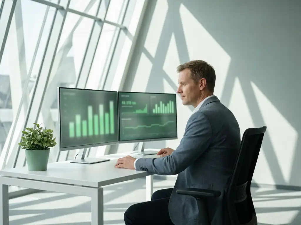 Fractional CTO bekijkt systeemmonitors met groene uptime-indicatoren aan een wit bureau in een rustig kantoor.