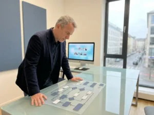 Fractional CTO bestudeert een workflowdiagram op een glazen bureau in een minimalistisch kantoor met groot raam en zachte daglichtinval.