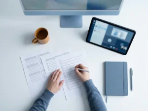 Fractional CTO bestudeert code review checklists op een minimalistisch wit bureau met tweede monitor op de achtergrond.