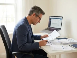 Fractional CTO bestudeert performance dashboard op minimalistisch wit bureau met laptop en pen, in rustig natuurlijk zijlicht.