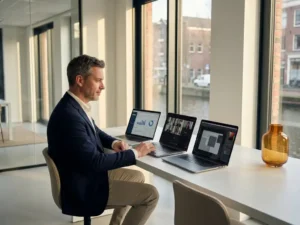 Nederlandse professional vergelijkt meerdere laptops op minimalistisch wit bureau in glazen Amsterdams kantoor met daglicht.