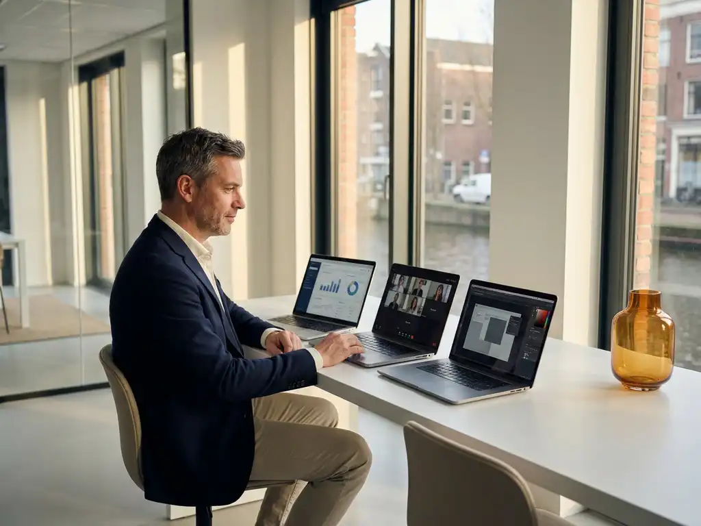 Nederlandse professional vergelijkt meerdere laptops op minimalistisch wit bureau in glazen Amsterdams kantoor met daglicht.