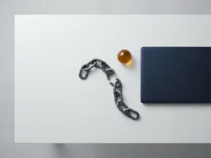 Gebroken schakelketting op minimalistisch wit bureau naast laptop, bovenaanzicht met zachte studiolicht.