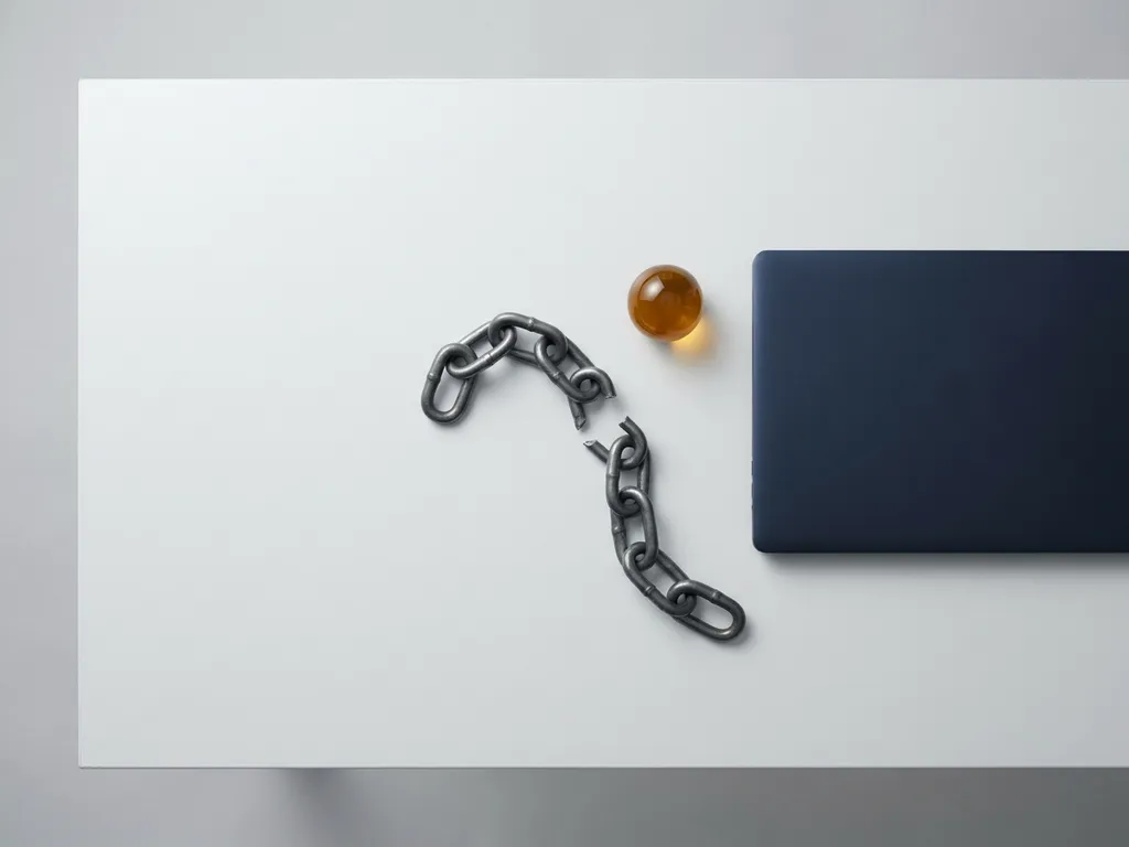 Gebroken schakelketting op minimalistisch wit bureau naast laptop, bovenaanzicht met zachte studiolicht.
