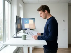Ontwikkelaar bestudeert een git branch-diagram aan een staand bureau, met een tweede monitor op de achtergrond in een licht modern kantoor.