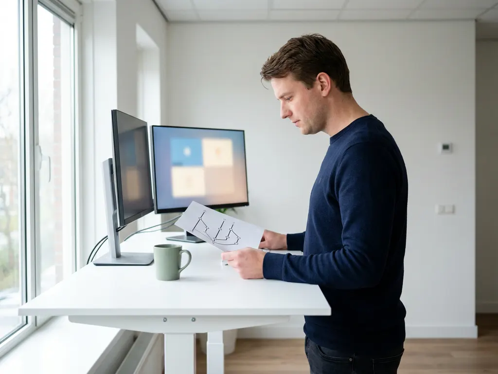 Ontwikkelaar bestudeert een git branch-diagram aan een staand bureau, met een tweede monitor op de achtergrond in een licht modern kantoor.