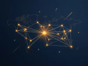 Glowing amber network nodes connected by geometric lines across a minimal world map on a deep navy background, showing a central hub radiating to regional clusters.