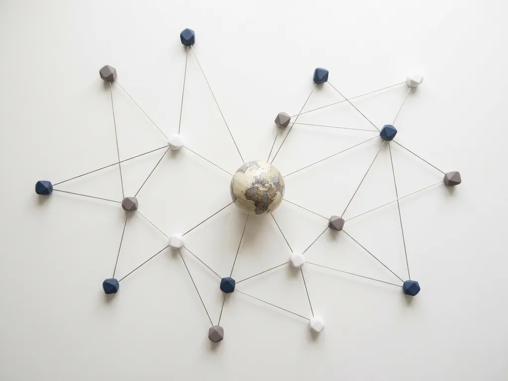 Geometric network nodes connected by thin lines on a white desk, with a small globe at the center suggesting global collaboration.