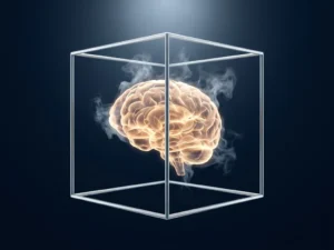 Glowing amber human brain dissolving into wisps of smoke inside a geometric wireframe cube on a deep navy background.