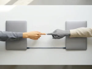 Two hands nearly touching above a cable connecting two laptops on a white desk, symbolizing digital collaboration and connection.