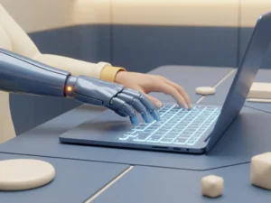 Robotic arm and human hand reaching toward a glowing laptop keyboard together in a minimal slate-blue and ivory workspace.