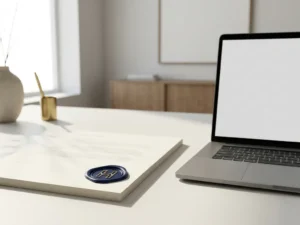 Gouden waszegel op juridisch document naast open laptop op wit bureau, zacht natuurlijk licht in modern kantoor.