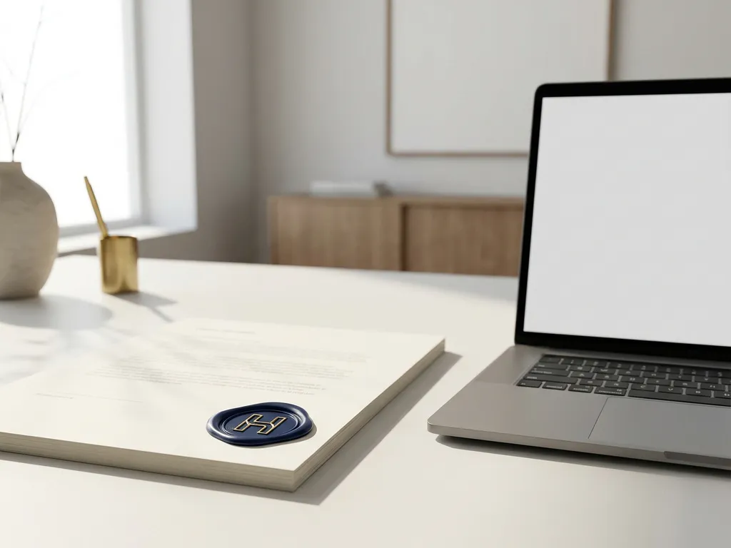 Gouden waszegel op juridisch document naast open laptop op wit bureau, zacht natuurlijk licht in modern kantoor.