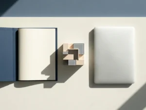 Minimalistische executive bureau met open compliance-map, laptop en architectuurmaquette in ochtendlicht, bovenaanzicht.
