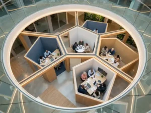 Luchtperspectief op open kantoorruimte met glazen atrium, diverse teams die samenwerken aan minimalistische werkplekken in warme blauwe en zandtinten.