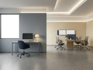 Moderne open kantoorruimte met minimaal solo-werkstation en collaboratieve teamopstelling in leisteen, ivoor en marineblauw.