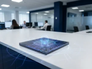 Gloeiende quantum processor chip op wit bureau in modern kantoor, met geometrische lichtpatronen in blauw en wit.