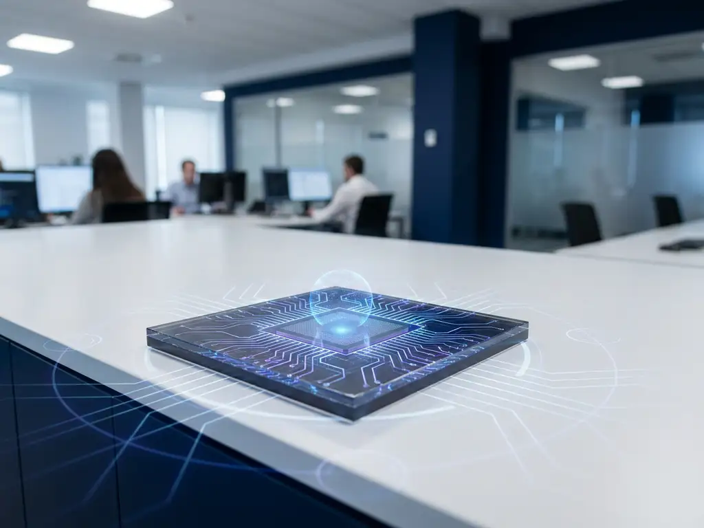 Gloeiende quantum processor chip op wit bureau in modern kantoor, met geometrische lichtpatronen in blauw en wit.