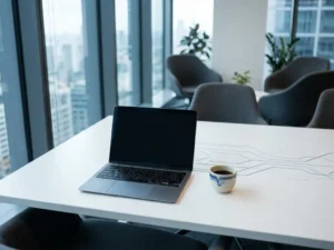 Laptop op minimalistisch wit bureau met geometrische lijnen, Dutch koffie ernaast, modern kantoor met vloer-tot-plafondvensters.