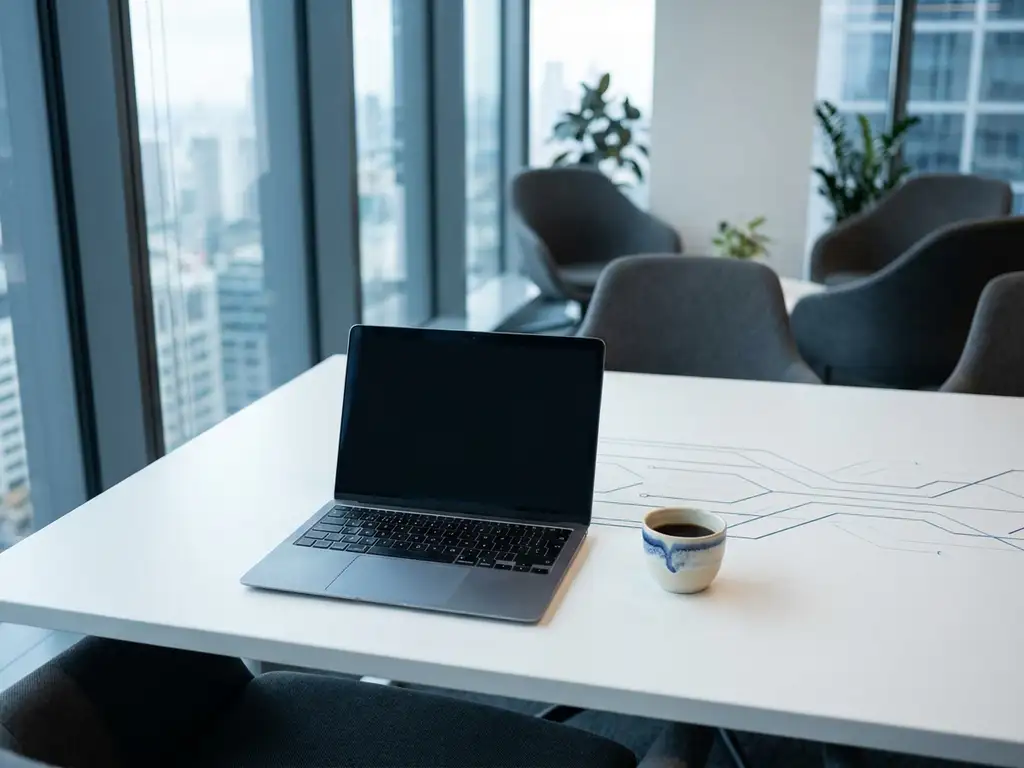 Laptop op minimalistisch wit bureau met geometrische lijnen, Dutch koffie ernaast, modern kantoor met vloer-tot-plafondvensters.