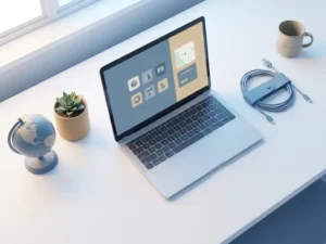 Laptop on a white desk beside a small globe and potted plant with neatly coiled cables, flat lay view in soft blue and sand tones.