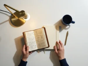Versleten leren notitieboek met handgeschreven aantekeningen op een wit bureau naast een leeg notitieboek, verlicht door een architectenlamp.