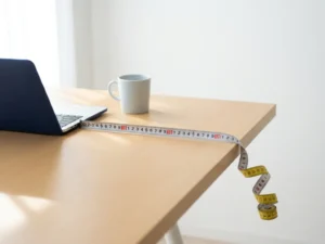 Meetlint uitgerold over modern bureau met laptop, één uiteinde krullend over de rand, symboliseert ongecontroleerde groei.