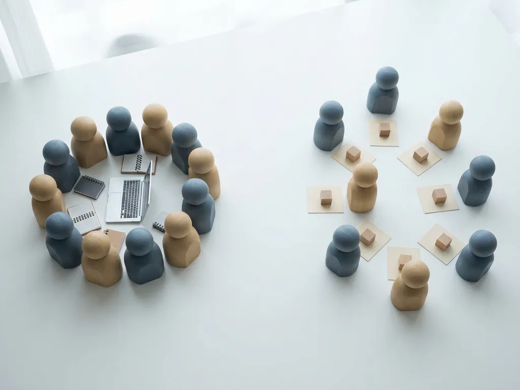 Miniature wooden figures split into two groups on a white desk, one clustered around a laptop, the other spread near individual task cards.