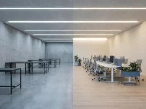 Modern open-plan kantoor met contrast tussen ruwe betonnen vloer en lege werkplekken enerzijds en strakke bureaus met monitors anderzijds.
