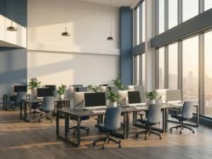 Modern open-plan softwarekantoor met geometrische werkstations, stadsgezicht door vloer-tot-plafondvenster en salie groene planten in middaglicht.