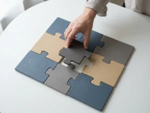 Hand placing a slate blue puzzle piece into a complete modular set on white surface, symbolizing flexible team expansion.