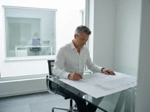 Nederlandse professional in wit overhemd bestudeert document aan glazen bureau, met natuurlijk daglicht en minimalistische werkruimte op de achtergrond.