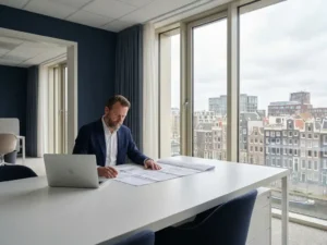 Nederlandse architect bestudeert bouwplannen aan minimalistisch wit bureau in modern Amsterdam kantoor met vloer-tot-plafond ramen.