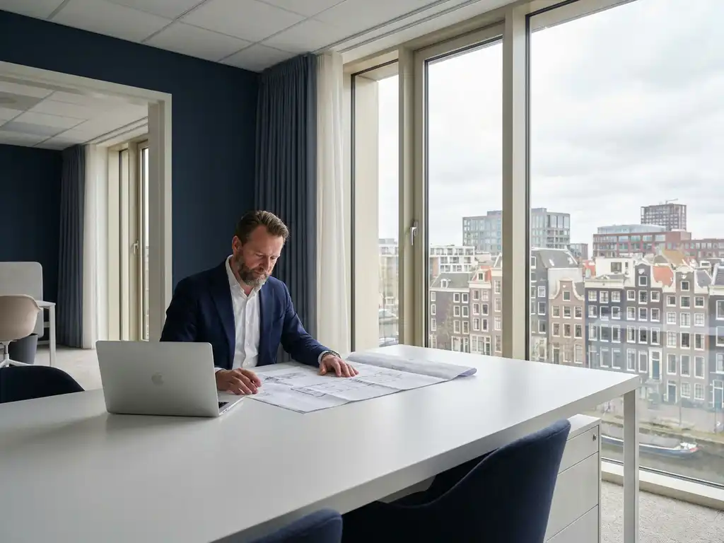 Nederlandse architect bestudeert bouwplannen aan minimalistisch wit bureau in modern Amsterdam kantoor met vloer-tot-plafond ramen.