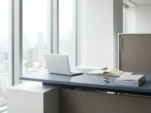 Zakelijk bureau met opengeslagen juridische map, laptop en Nederlandse vlaggenpin op compliance-documenten, met uitzicht op stadssilhouet.