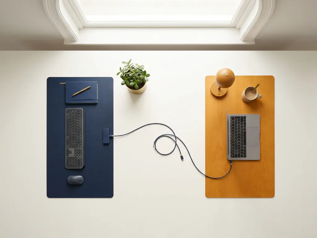 Twee minimalistische bureauopstellingen verbonden door een kabel, symboliseren samenwerking tussen Nederlandse en Nepalese developers op afstand.