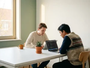 Nederlandse en Nepalese ontwikkelaar werken samen aan een laptop op een minimalistische witte werkplek met een klein kamerplantje.