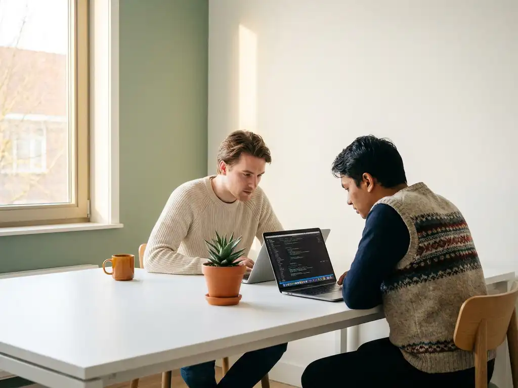 Nederlandse en Nepalese ontwikkelaar werken samen aan een laptop op een minimalistische witte werkplek met een klein kamerplantje.