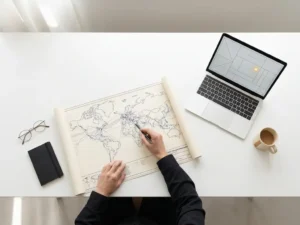Softwareontwikkelaar bestudeert netwerkarchitectuurkaart op minimalistisch wit bureau met open laptop, bovenaanzicht.