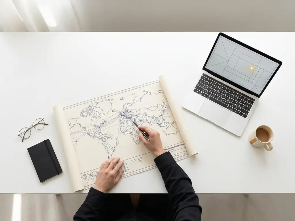 Softwareontwikkelaar bestudeert netwerkarchitectuurkaart op minimalistisch wit bureau met open laptop, bovenaanzicht.