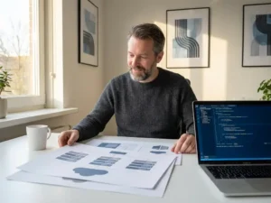 Nederlandse softwareontwikkelaar bekijkt infrastructuurdiagrammen op laptop aan minimalistisch wit bureau, warm natuurlijk licht.